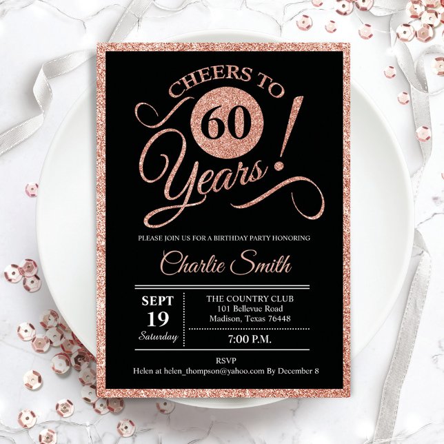 60th Birthday Party - Rose Gold Black ANY AGE Invitation (Creator Uploaded)