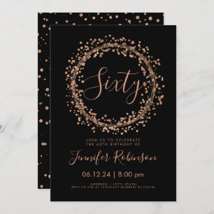 60th Birthday Party Rose Gold Black Confetti Invitation
