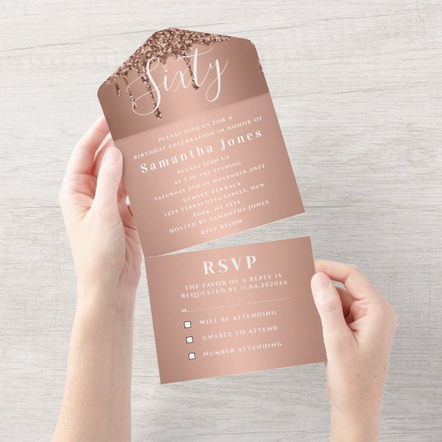 60th Birthday Party Rose Gold Bold Chic Modern All In One Invitation (Tearaway)