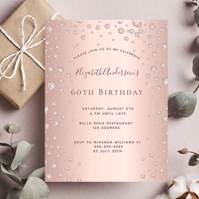 60th birthday party rose gold diamond invitation postcard (Creator Uploaded)