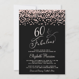 60th Birthday Party Rose Gold Glitter Black Invitation