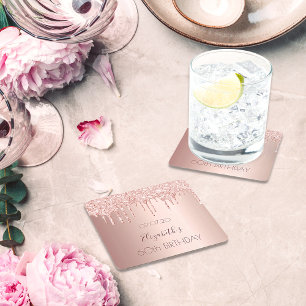 60th birthday party rose gold glitter drips 60 square paper coaster