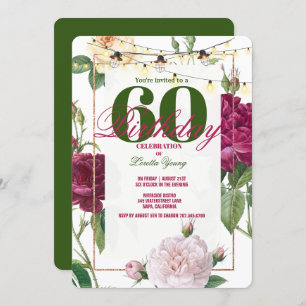 60th Birthday Party, Rose/Pink Flowers Gold Frame  Invitation