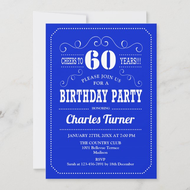 60th Birthday Party - Royal Blue White Invitation (Front)