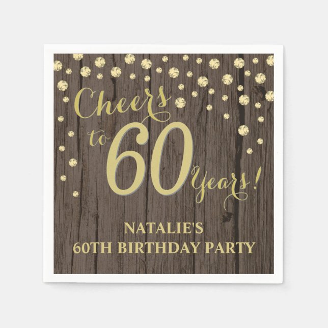 60th Birthday Party Rustic Wood and Gold Diamond N Napkin (Front)