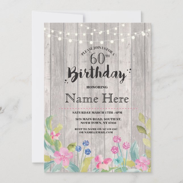 60th Birthday Party Rustic Wood Floral 40th Invite (Front)