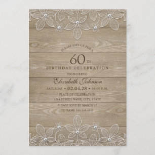 60th birthday party Rustic Wood Unique Lace Invitation
