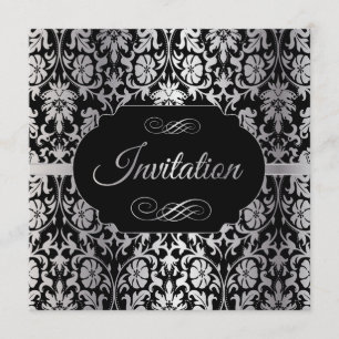 60th Birthday Party   Silver & Black Damask Invitation