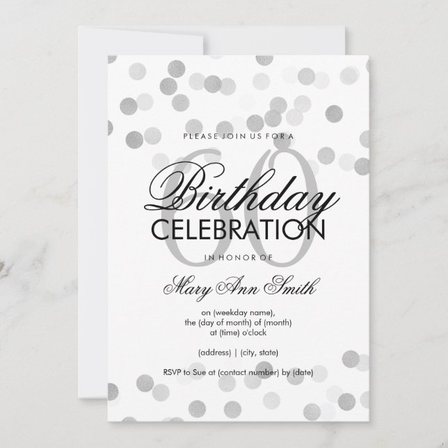 60th Birthday Party Silver Foil Glitter Lights Invitation (Front)