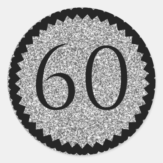 60th Birthday Party Silver Glitter Classic Round Sticker (Front)