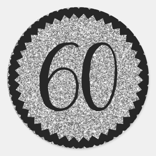 60th Birthday Party Silver Glitter Classic Round Sticker (Front)