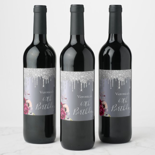 60th birthday party silver glitter drips floral wine label (Bottles)