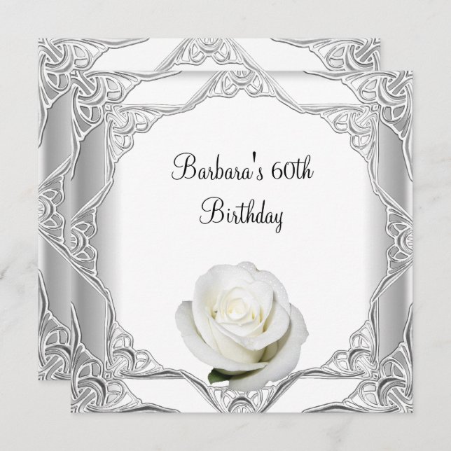 60th Birthday Party Silver Lace White Rose 2 Invitation (Front/Back)