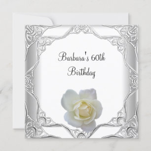 60th Birthday Party Silver Lace White Rose Invitation