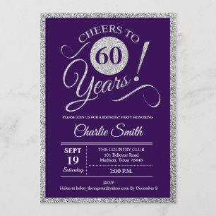 60th Birthday Party - Silver Purple ANY YEAR Invitation