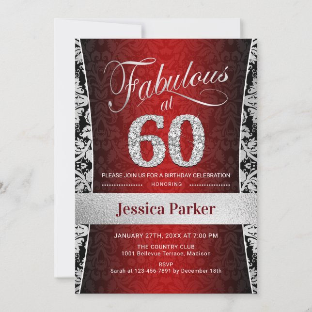 60th Birthday Party - Silver Red Black Invitation (Front)