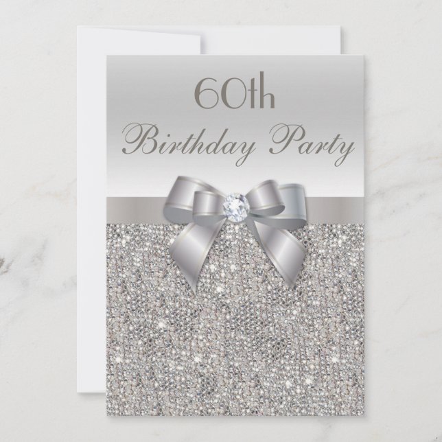 60th Birthday Party Silver Sequins, Bow & Diamond Invitation (Front)