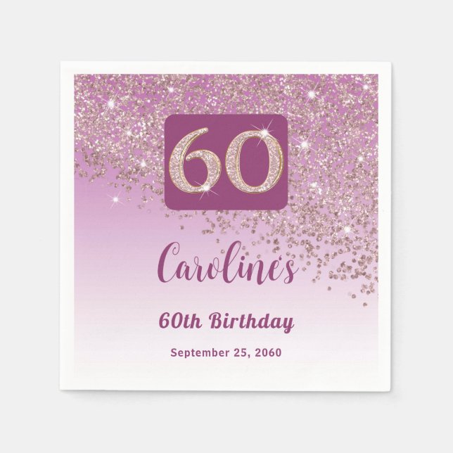 60th Birthday Party Sparkle Rose Gold Glitter Napkin (Front)