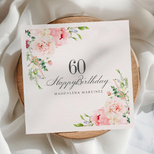 60th Birthday Party Supplies Pink Floral Custom Napkin