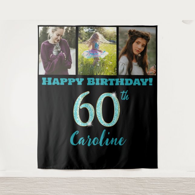 60th Birthday Party, Teal Blue Glitter & 3 photos Tapestry (Front)