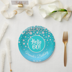 60th birthday party teal blue glitter diamonds paper plate