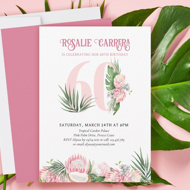 60th Birthday Party Tropical Pink Protea Number 60 Invitation (Creator Uploaded)