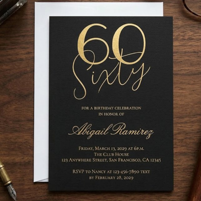 60th Birthday Party Typography Photo Black & Gold Foil Holiday Card (Creator Uploaded)