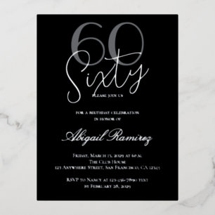 60th Birthday Party Typography Photo Black Silver Foil Holiday Postcard