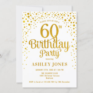 60th Birthday Party - White & Gold Invitation