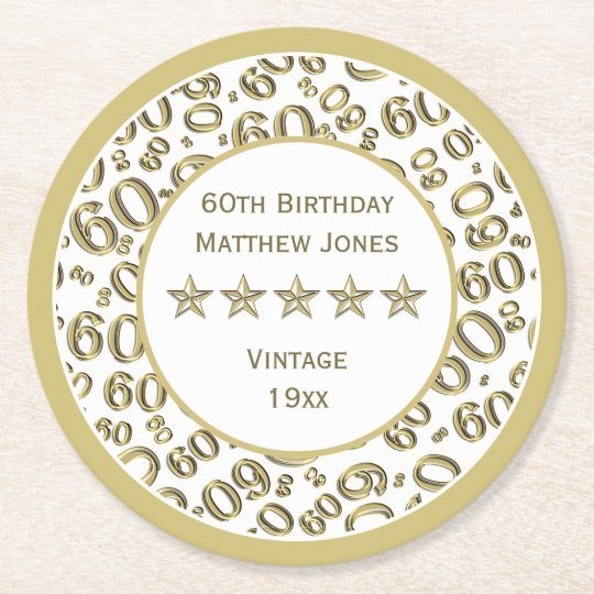 60th Birthday Party White /Gold Round Pattern Round Paper Coaster