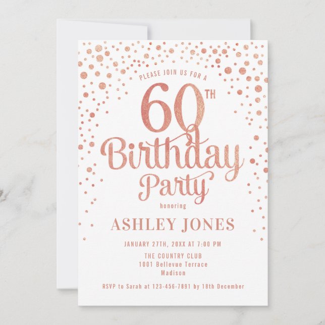 60th Birthday Party - White & Rose Gold Invitation (Front)
