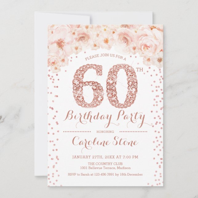 60th Birthday Party - White Rose Gold Invitation (Front)