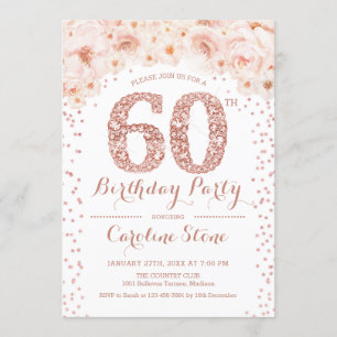 60th Birthday Party - White Rose Gold Invitation
