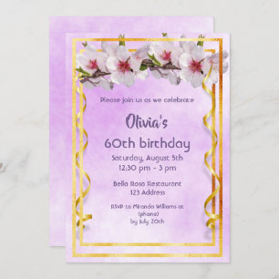 60th birthday party with cherry flowers on violet invitation