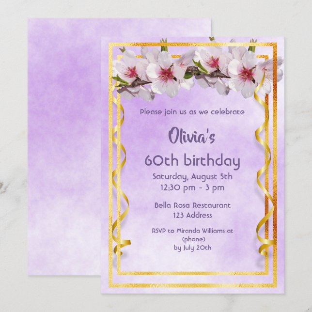 60th birthday party with cherry flowers on violet invitation (Front/Back)