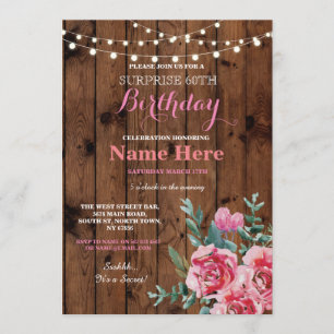 60th Birthday Party Wood Flower Floral Pink Invite