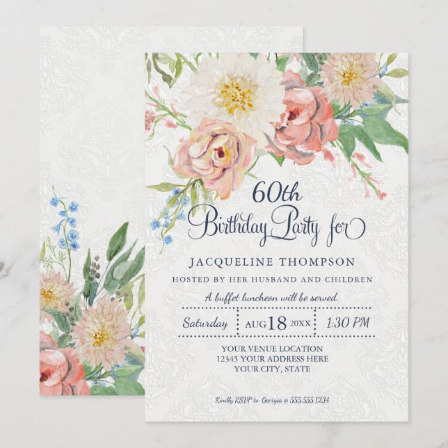 60th Birthday Pastel Blush n White Painted Floral Invitation (Front/Back)