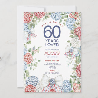 60th Birthday Patriotic Floral, Born on 4th July Invitation