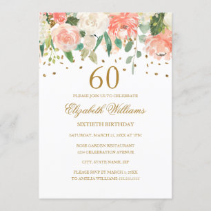 60th Birthday Peach Gold Floral Invitation