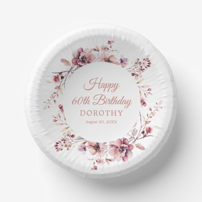 60th Birthday Personalised Burgundy Pink Floral Paper Plate (Front)