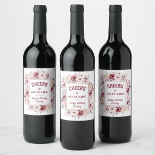 60th Birthday Personalised Burgundy Pink Floral Wine Label