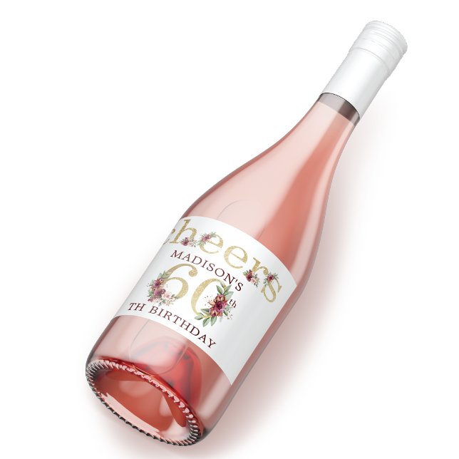 60th Birthday Personalised Gold Floral Sparkling Wine Label (Creator Uploaded)