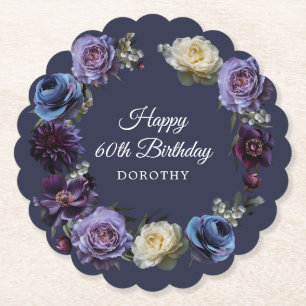 60th Birthday Personalised Moody Purple Flower Paper Coaster