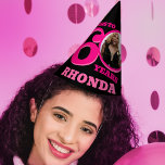 60th birthday personalised photo pink black party hat<br><div class="desc">Bright add your own photo and name party hat. Ideal for a special ladies 60th birthday party celebration. Colourful hot pinks on black design. Background colour can also be changed for your own choice currently black. Original graphic art and design by Sarah Trett for www.mylittleeden.com</div>