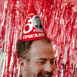 60th birthday personalised photo white red party hat<br><div class="desc">Bright add your own photo and name party hat. Ideal for a special boys 60th birthday party celebration. Colourful red white design. Background colour can also be changed for your own choice currently red. Original graphic art and design by Sarah Trett for www.mylittleeden.com</div>