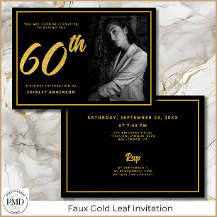 60th Birthday Photo Black Faux Gold Leaf Elegant Invitation
