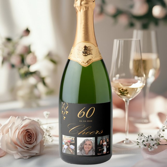 60th birthday photo black gold cheers sparkling wine label (Creator Uploaded)