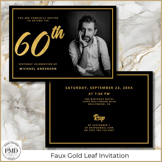 60th Birthday Photo Black Gold Elegant  Invitation (60th Birthday Black and Gold Photo Invitation with Faux Gold Leaf, Party Details on the Back.)
