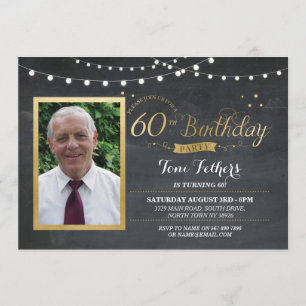 60th Birthday Photo Chalk Rustic Gold Invitation