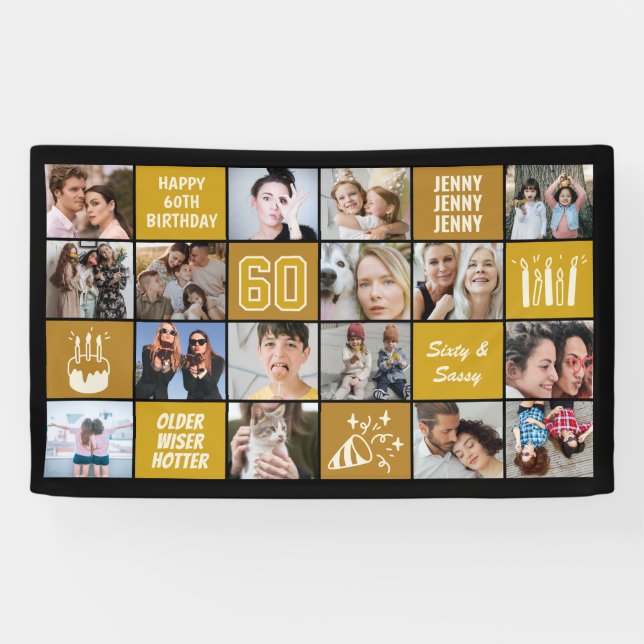 60th Birthday Photo Collage Custom Black Gold Banner (Horizontal)